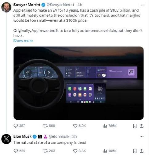 苹果造车梦断，马斯克：汽车公司的消亡是常态